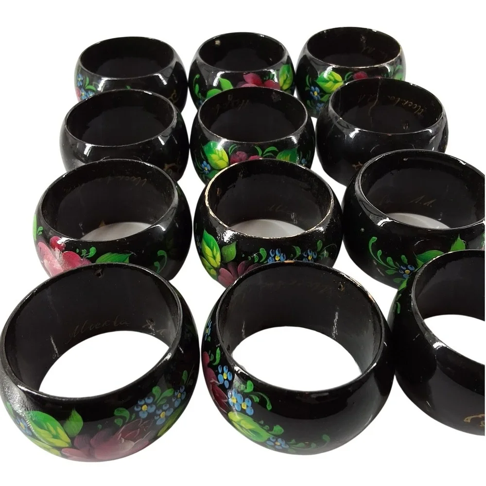 Vintage Russian Hand Painted Lacquer Wood Napkin Rings Set of 12